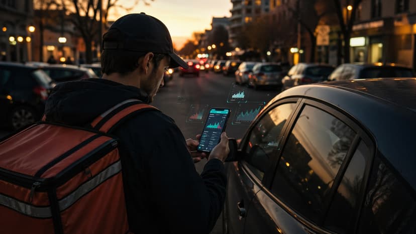 Food delivery driver checking earnings on a smartphone while standing by a parked car at sunset